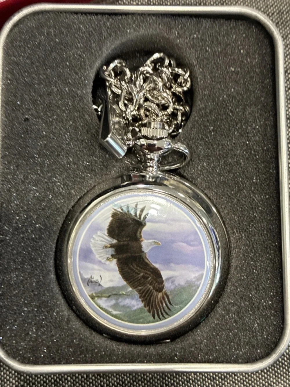 Silver Eagle Pocket Watch Necklace - Detailed Eagle Design